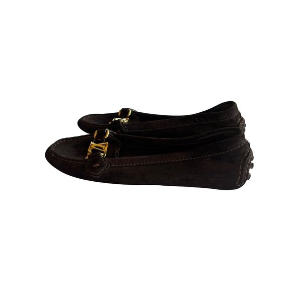 Louis Vuitton Women's Dark Brown Suede Loafers With Gold LV Emblem Size 6.5 - Picture 4 of 6